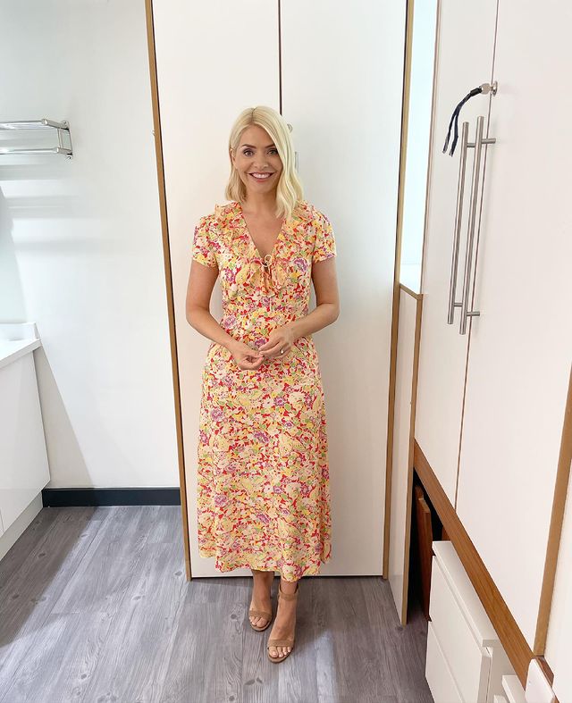 where to get all Holly Willoughby This Morning dresses multi frill neck midi dress nude suede sandals 17 June 2021 Photo Holly Willoughby