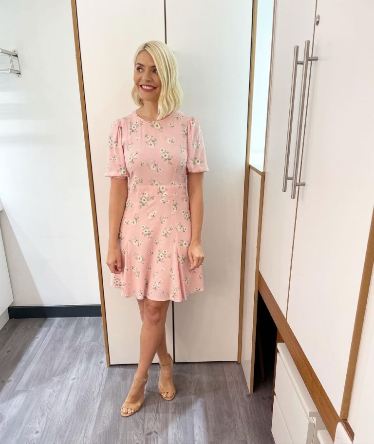 where to get all Holly Willoughby This Morning dresses pink foral puff sleeve mini dress nude suede sandals 1 July 2021 Photo Holly Willoughby