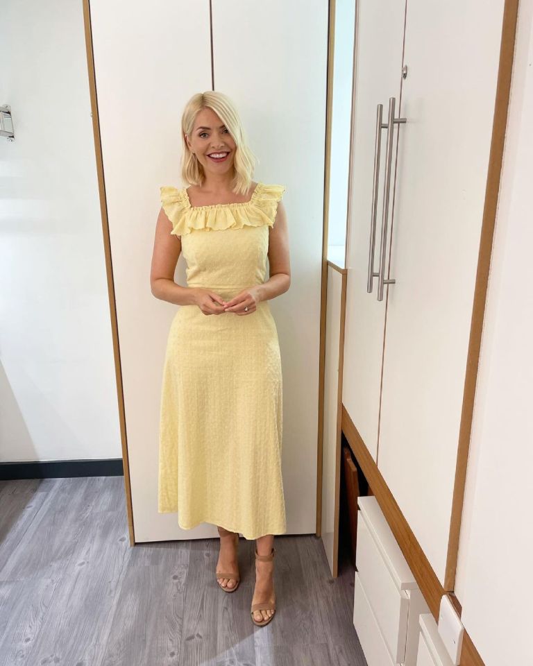 where to get all Holly Willoughby This Morning dresses yellow square neck ruffle dress nude suede sandals 16 June 2021 Photo Holly Willoughby