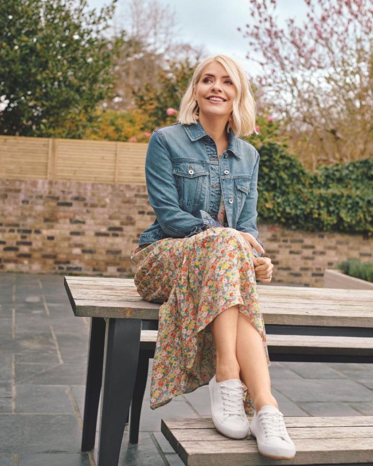 where to get Holly Willoiughby floral midaxi dress denim jacket white trainers 3 June 2021 Photo M&amp;S