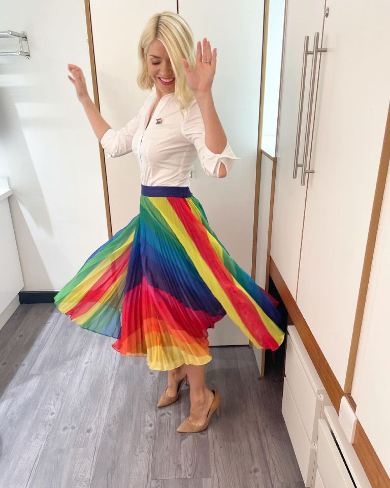 where to get Holly Willoughby This Morning rainbow pleated midi skirt white shirt nude suede court shoes 30 June 2021 Photo Holly Willoughby