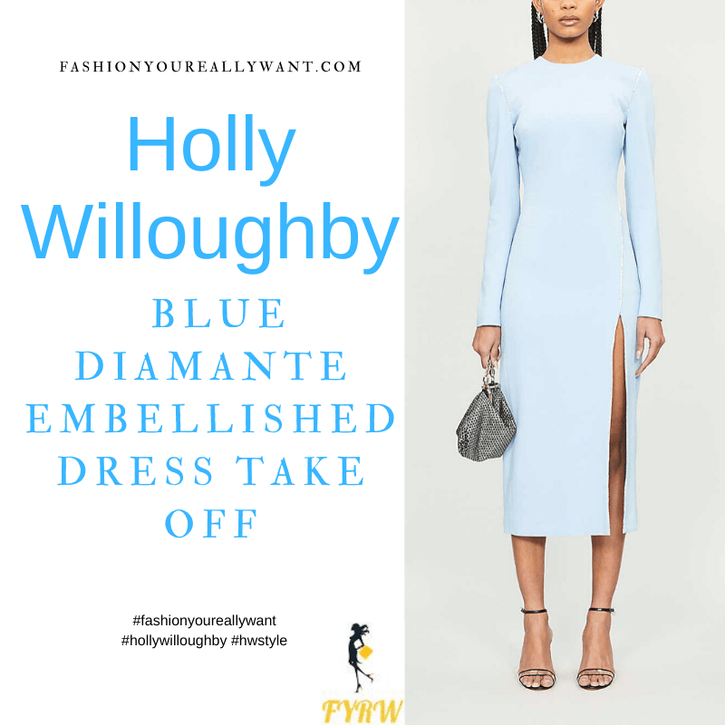 Where to get all Holly Willoughby Take Off outfits dresses blog July 2021 blue split long sleeve dress diamante embellished
