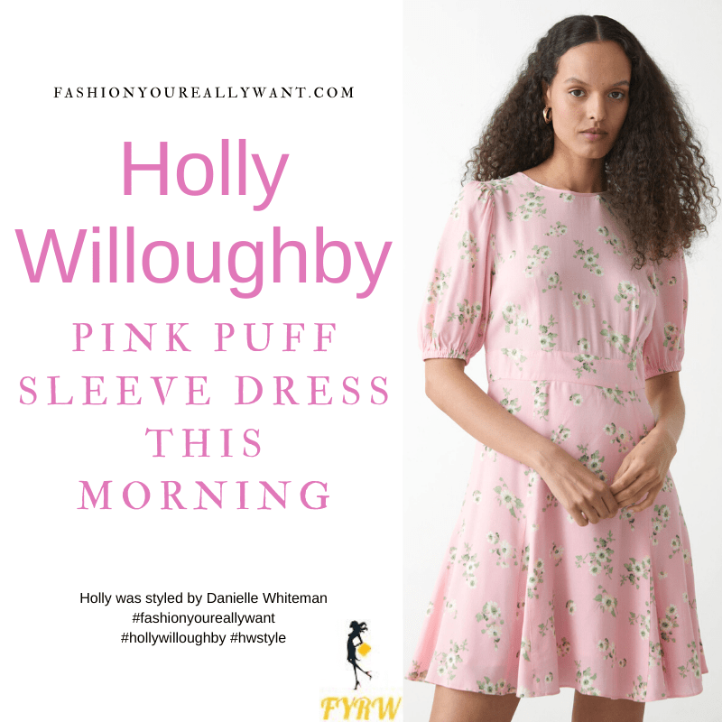 Where to get all Holly Willoughby This Morning outfits dresses blog July 2021 pink floral puff sleeve mini dress nude suede sandals