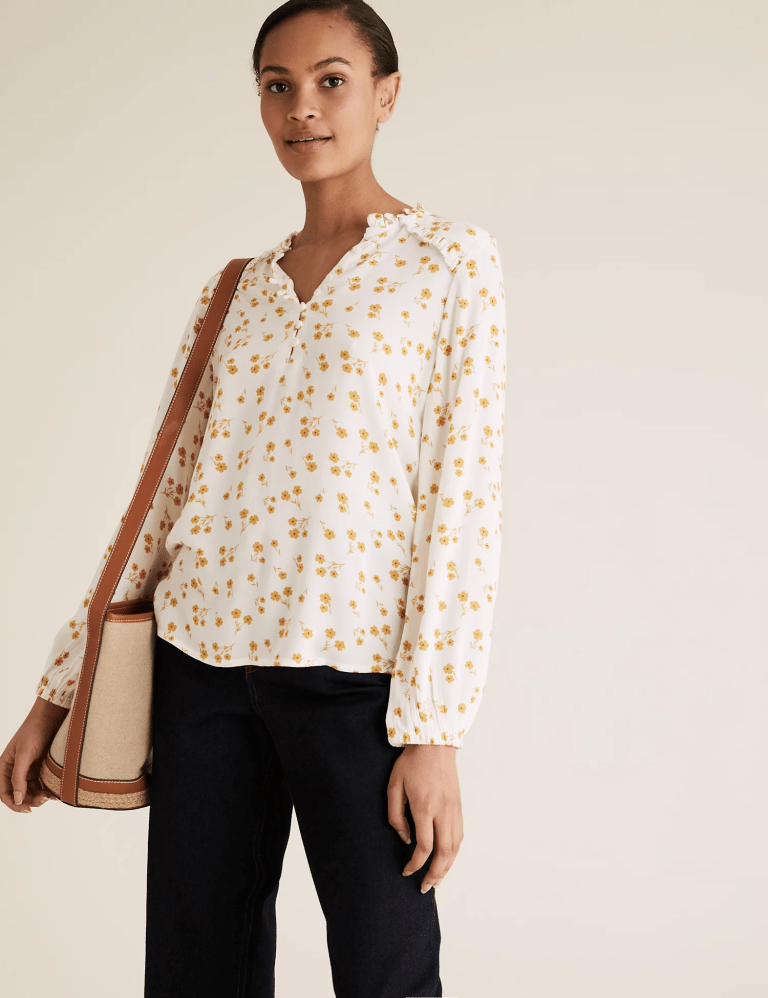 M&amp;S Ditsy Floral V-Neck Button Detail Blouse