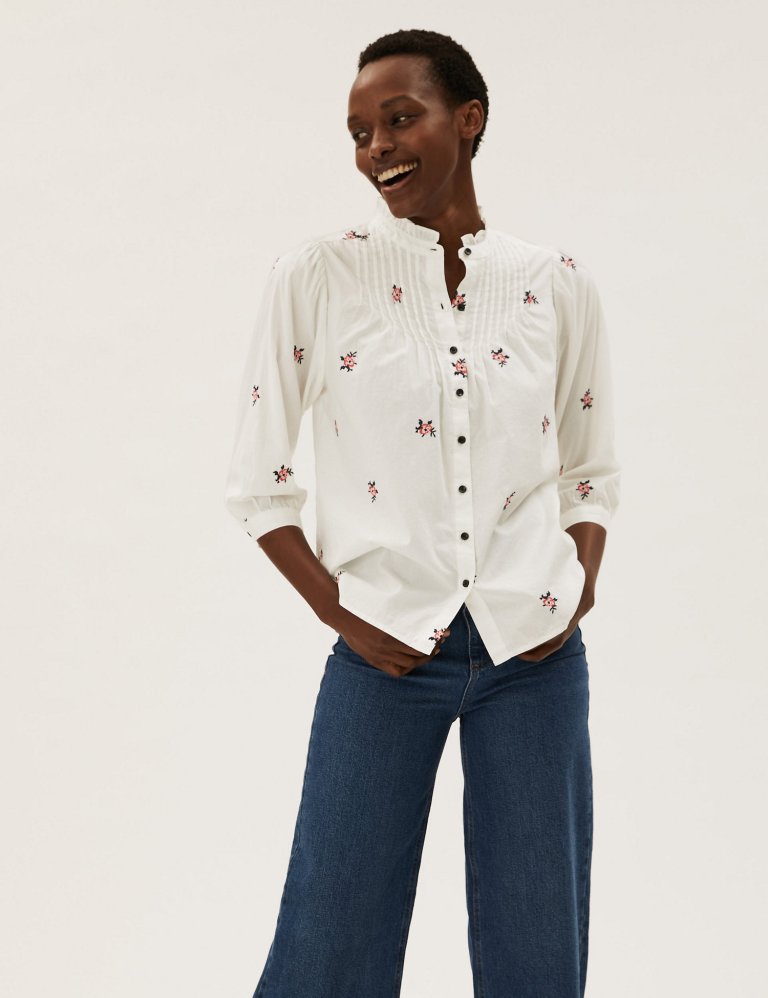 M&amp;S Pure Cotton Floral Regular Fit Blouse