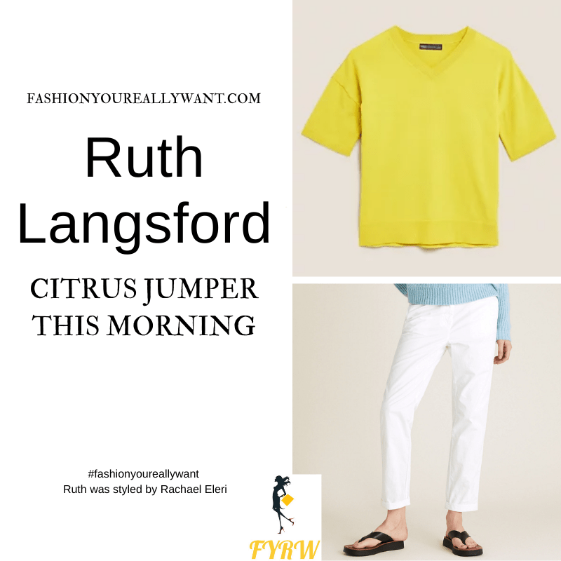 Where to get all Ruth Langsford This Morning outfits blog July 2021 yellow v neck short sleeve knit white trousers tan strappy sandals