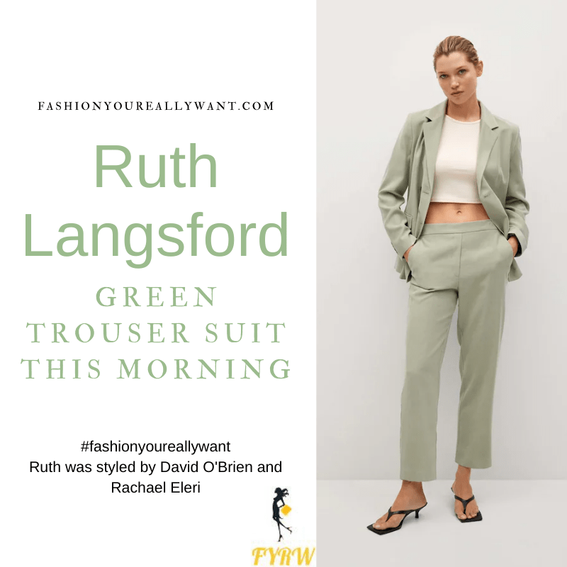 Where to get all Ruth Langsford This Morning outfits blog July 2021 green trouser suit white t-shirt tan sandals