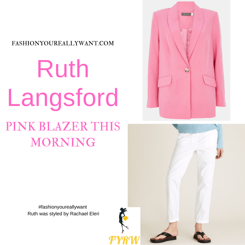 Where to get all Ruth Langsford This Morning outfits blog July 2021 pink blazer white t-shirt white trousers white cort shoes