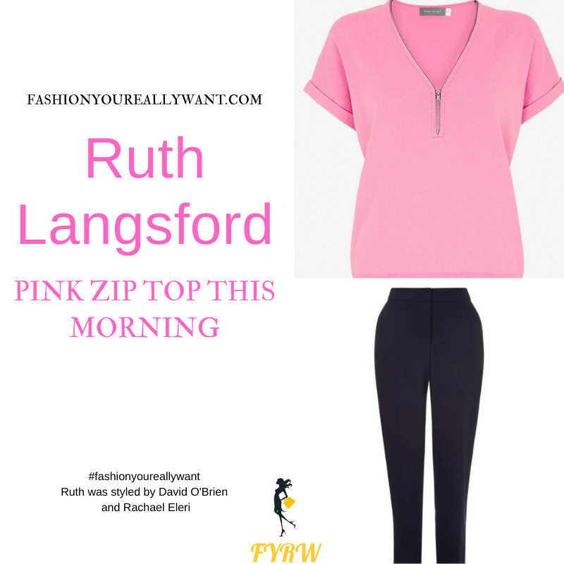 Where to get all Ruth Langsford This Morning outfits blog July 2021 pink zip top navy trousers pink court shoes