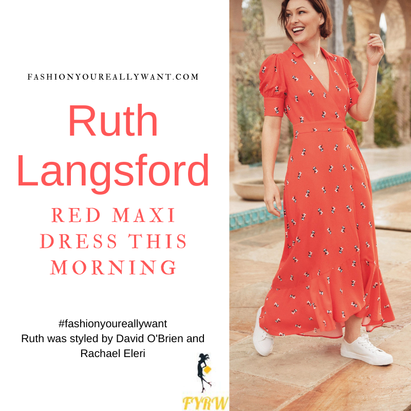 Where to get all Ruth Langsford This Morning outfits blog July 2021 red maxi wrap dress tan wedges
