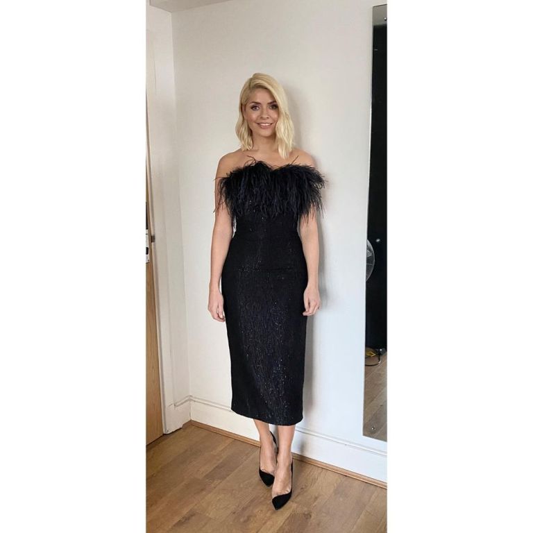 where to get all Holly willoughby Take Of dresses black feather trim strapless metallic dress two tone court shoes 24 July 2021 Photo Holly Willoughby