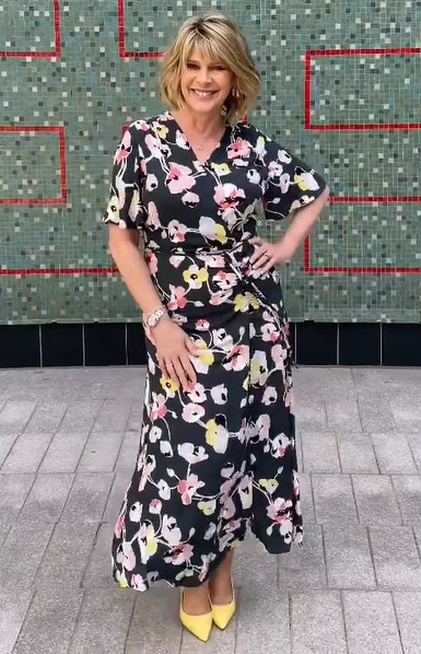 where to get all Ruth Langsford This Morning dresses green floral wrap midi dress yellow court shoes 29 July 2021 Photo Ruth Langsford