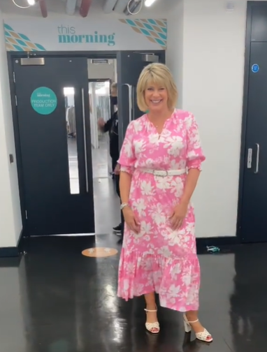 where to get all Ruth Langsford This Morning dresses pink floral midaxi dress white sandals 14 July 2021 Photo Ruth Langsford