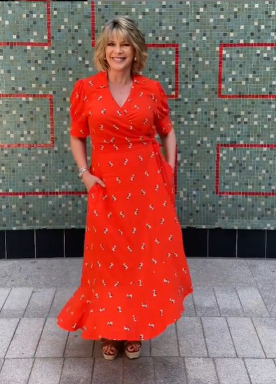 where to get all Ruth Langsford This Morning dresses Red Maxi Wrap dress tan wedges 22 July 2021 Photo Ruth Langsford