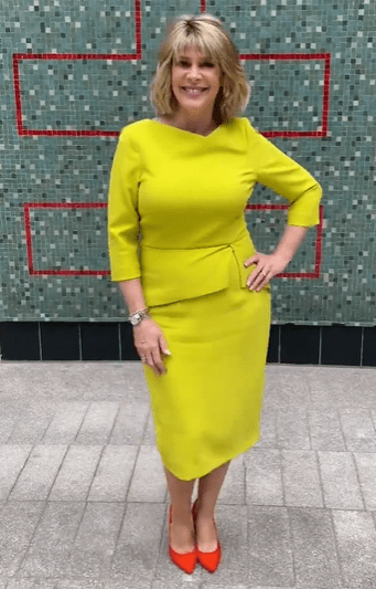 where to get all Ruth Langsford This Morning dresses yellow citron bodycon dress orange court shoes 27 July 2021 Photo Ruth Langsford