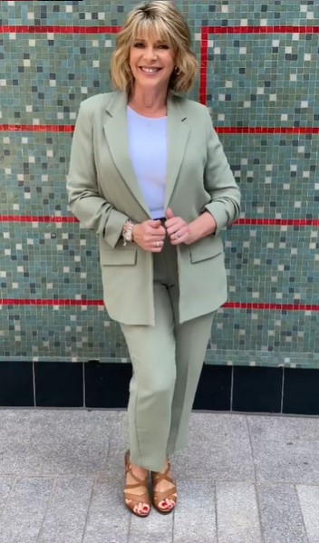 where to get all Ruth Langsford This Morning outfits green trouser suit white t-shirt tan sandals 21 July 2021 Photo Ruth Langsford