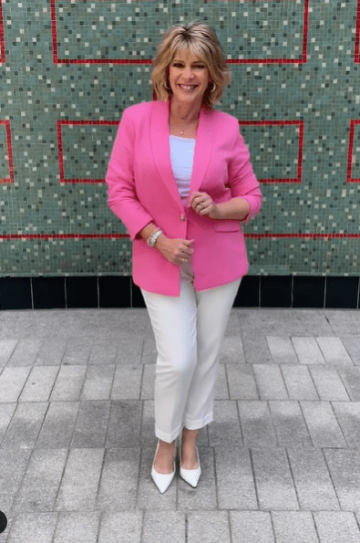 where to get all Ruth Langsford This Morning outfits pink blazer white t-shirt white trousers white court shoes 19 July 2021 Photo Ruth Langsford
