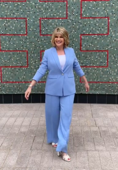 where to get all Ruth Lanngsford This Morning outfits cornflower blue trouser suit white t shirt white sandals 30 July 2021 Photo Ruth Langsford