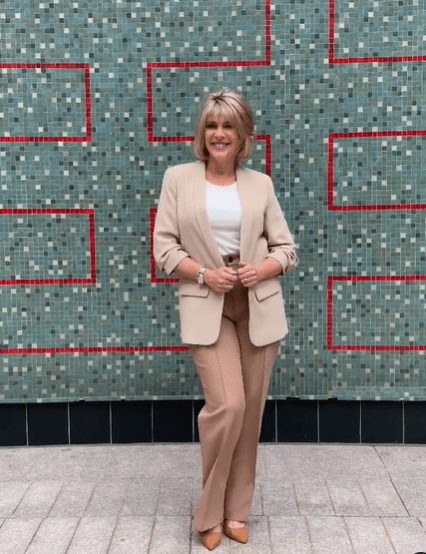where to get Ruth Langsford Thid Morning outfit beige jacket camel trousers white top tsn shoes 13 July 2021 Photo Ruth Langsford