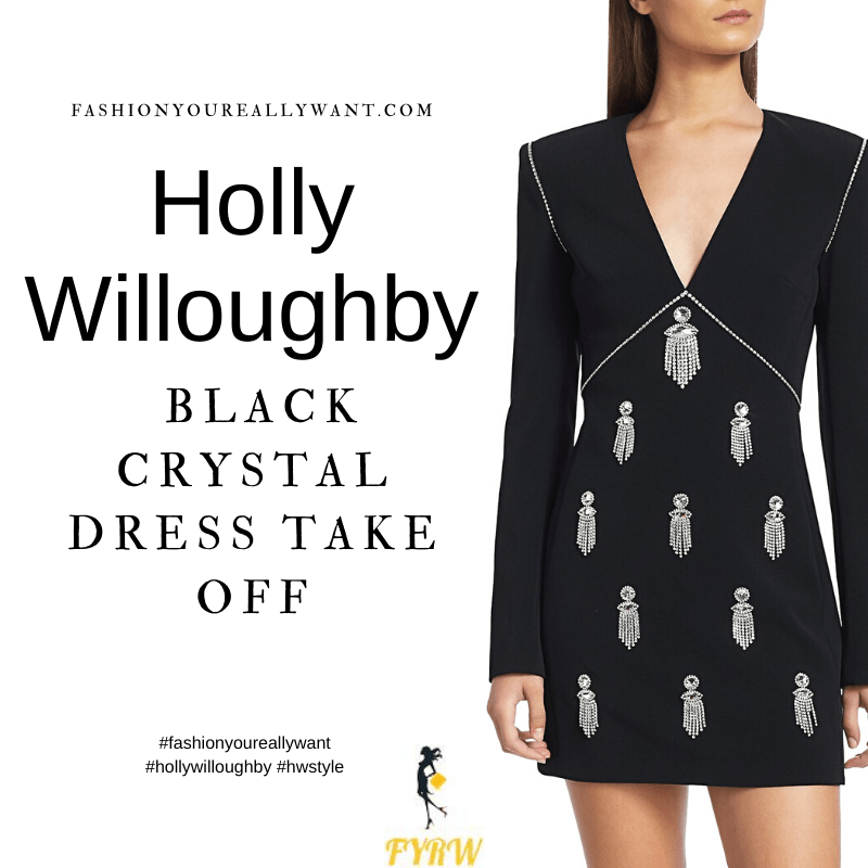 Where to get all Holly Willoughby Take Off outfits dresses blog August 2021 black velvet long sleeve crystall embellished mini dress black strappy sandals