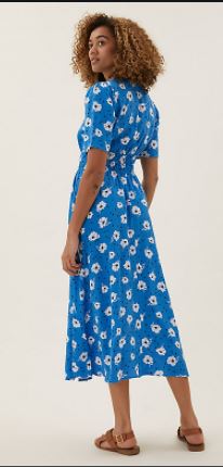 M&amp;S Floral Puff Sleeve Midi Waisted Dress back view
