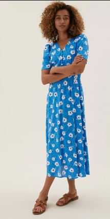 M&amp;S Floral Puff Sleeve Midi Waisted Dress