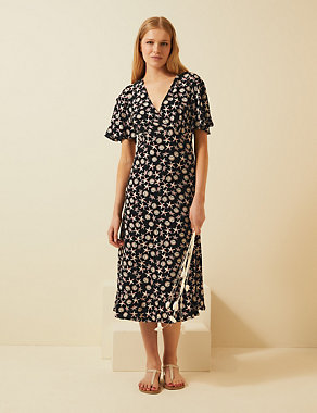 M&amp;S x Ghost Printed V-Neck Angel Sleeve Midi Tea Dress