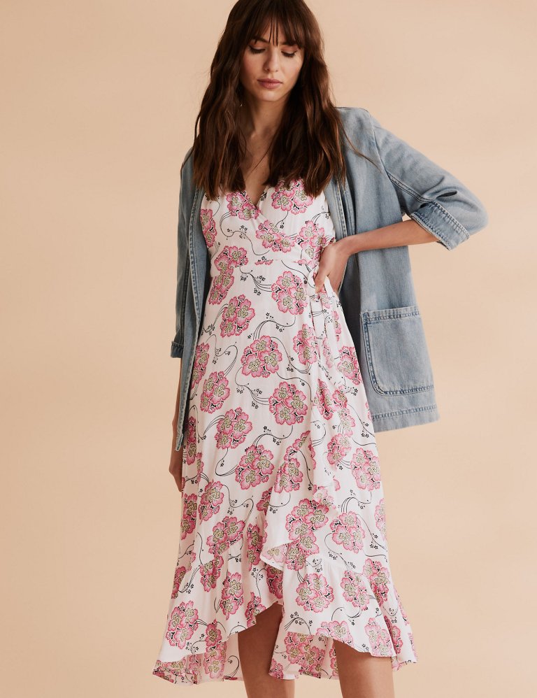 Per Una Floral Frill Detil Midi Wrap Dress