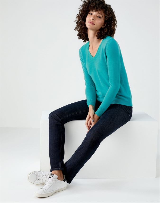 Pure Collection Cashmere Straight Fit V Neck Sweater bright aqua