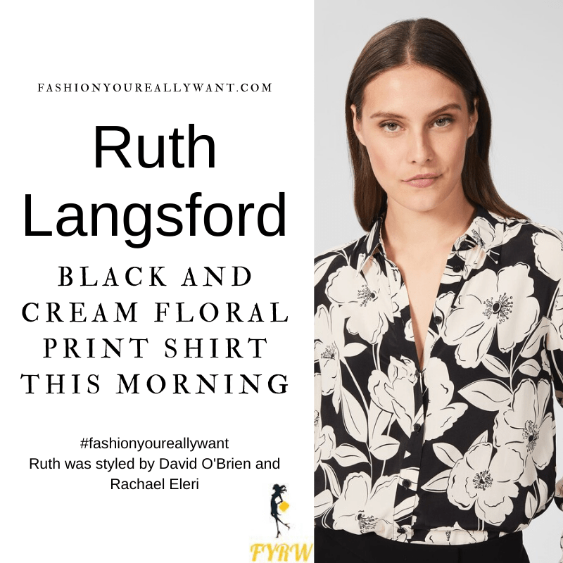 Where to get all Ruth Langsford This Morning outfits blog August 2021 cream and black floral shirt black trousers