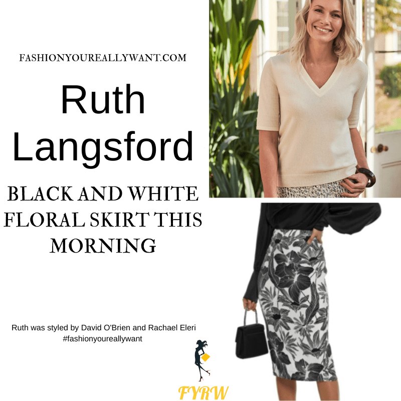 Where to get all Ruth Langsford This Morning outfits blog August 2021 black and white floral pencil skirt white short sleeve knit black court shoes