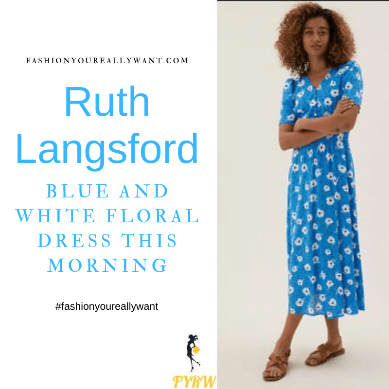 Where to get all Ruth Langsford This Morning outfits blog August 2021 blue v neck short sleeve midi dress white flowers