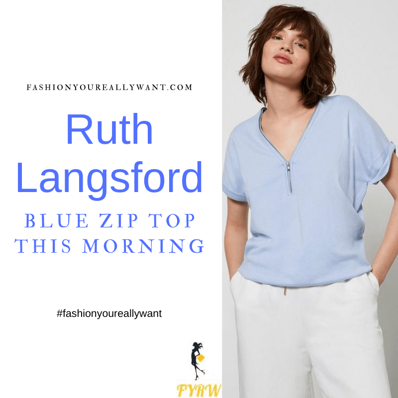 Where to get all Ruth Langsford This Morning outfits blog August 2021 blue zip short sleeve top