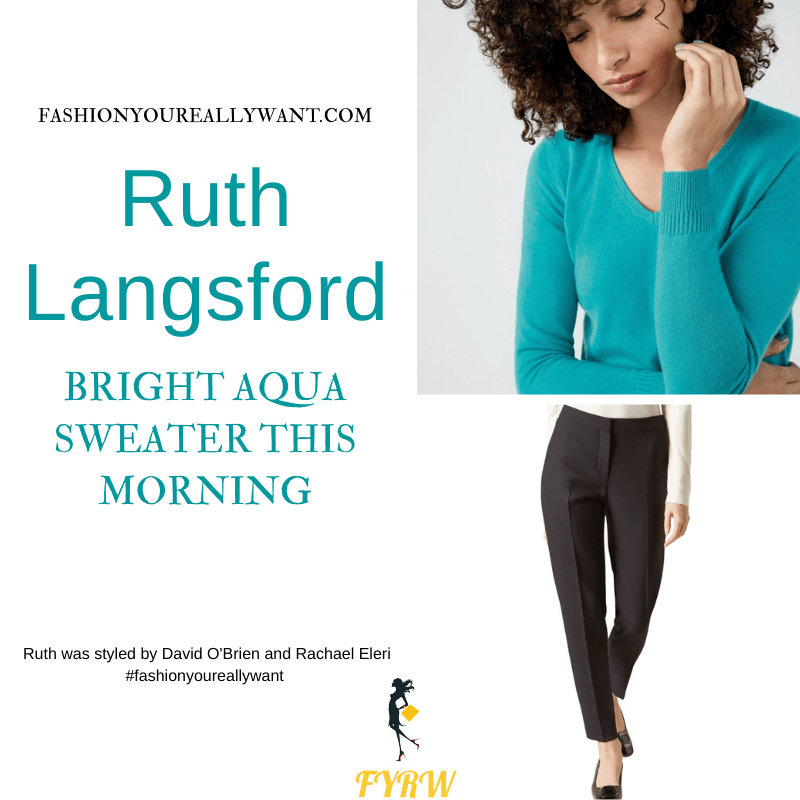 Where to get all Ruth Langsford This Morning outfits blog August 2021 aqua v neck knit black tapered trousers black croc court shoes