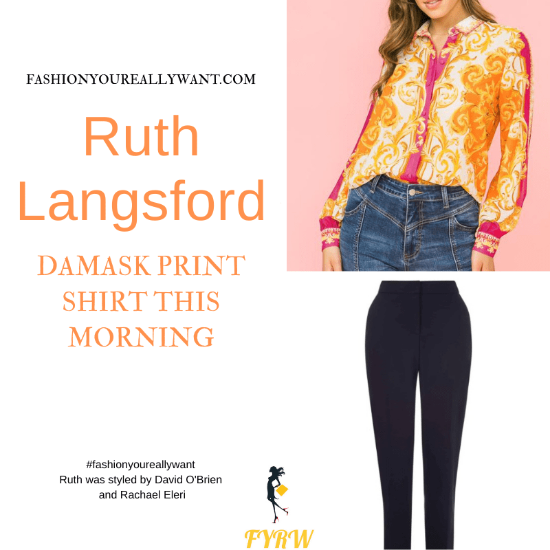 Where to get all Ruth Langsford This Morning outfits blog August 2021 pink orange baroque damask shirt navy trousers tan strappy sandals