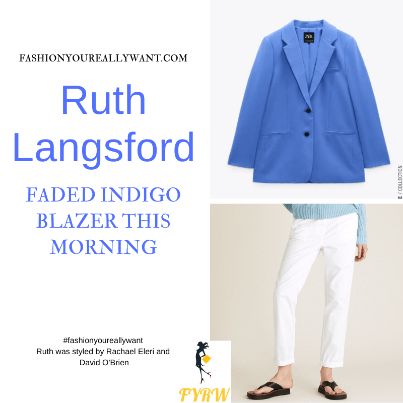 Where to get all Ruth Langsford This Morning outfits blog August 2021 blue loose fitting blazer white top white trousers silver sandals