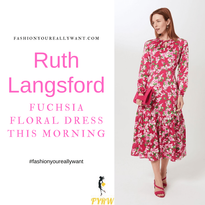 Where to get all Ruth Langsford This Morning outfits blog August 2021 pink fuchsia floral midi dress long sleeve metallic wedges