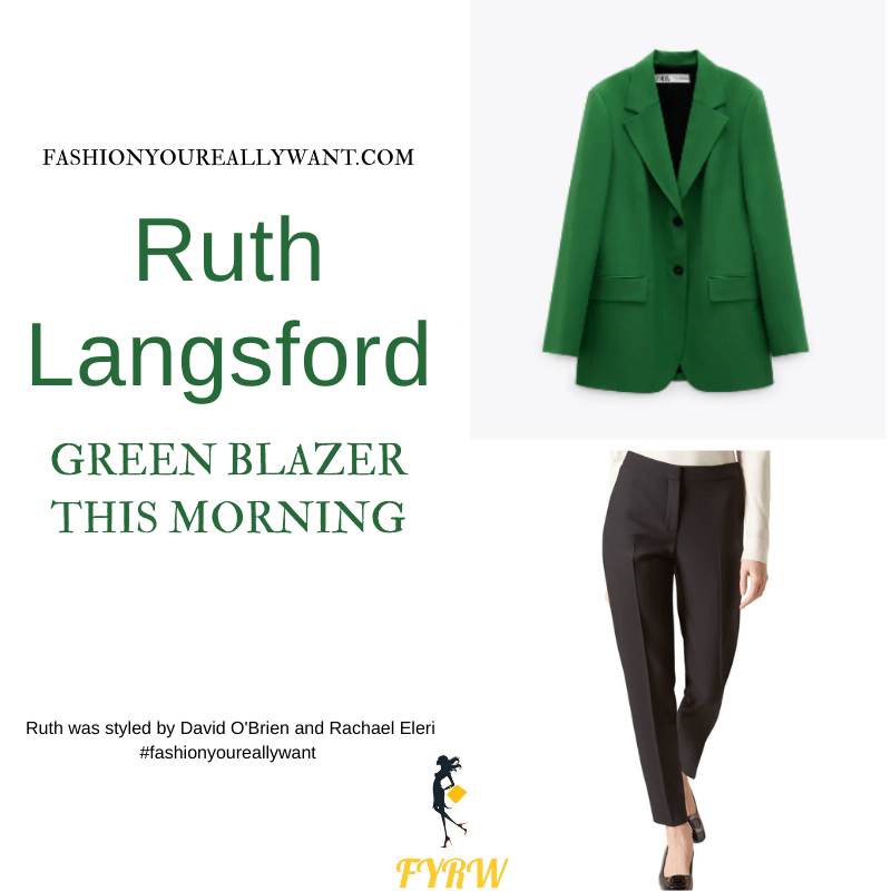 Where to get all Ruth Langsford This Morning outfits blog August 2021 green jacket white t-shirt black trousers black court shoes