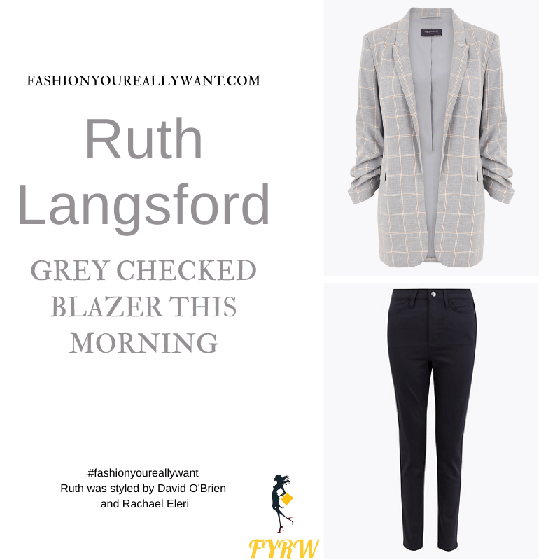 Where to get all Ruth Langsford This Morning outfits blog August 2021 grey checked blazer blue top blue skinny jeans tan sandals