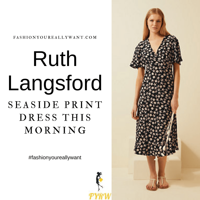 Where to get all Ruth Langsford This Morning outfits blog August 2021 black seaside shell starfish print wrap angel Sleeve midi dress