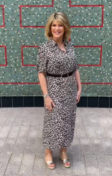 where to get all ruth Langsford This Morning dresses animal print shirt dress black belt metallic sandals 10 August 2021 Photo Ruth Langsford