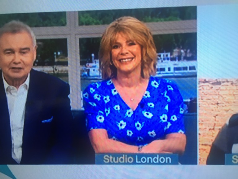 where to get all ruth Langsford This Morning dresses blue and white floral v neck short sleeve midi dress 20 August 2021 Photo