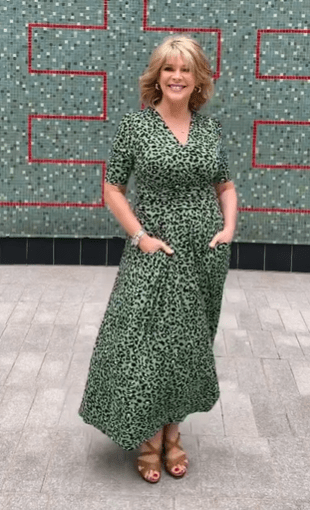 where to get all Ruth Langsford This Morning dresses green leopard print maxi dress wrap front tan sandals 18 August 2021 Photo Ruth Langsford