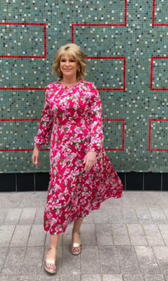 where to get all Ruth Langsford This Morning dresses pink floral midi dress metallic wedges 16 August 2021 Photo Ruth Langsford