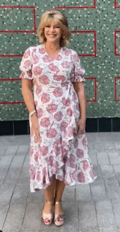 where to get all Ruth Langsford This Morning dresses white floral puff sleeve wrap dress gold sandals 25 August 2021 Photo Ruth Langsford