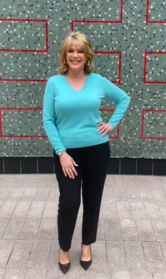where to get all ruth Langsford This Morning outfita aqua jumper black trousers black court shoes 17 August 2021 Photo Ruth Langsford