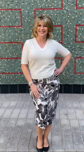 where to get all ruth Langsford This Morning outfits black and white floral pencil skirt white knit black court shoes 11 August 2021 Photo Ruth Langsford