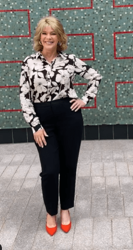 where to get all Ruth Langsford This Morning outfits cream black floral shirt black trousers orange suede court shoes 19 August 2021 photo Ruth Langsford