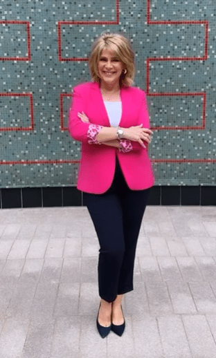 where to get all Ruth Langsford This Morning outfits hot pink leopard lined blazer whte top navy trousers navy suede court shoes 13 August 2021 Photo Ruth Langsford
