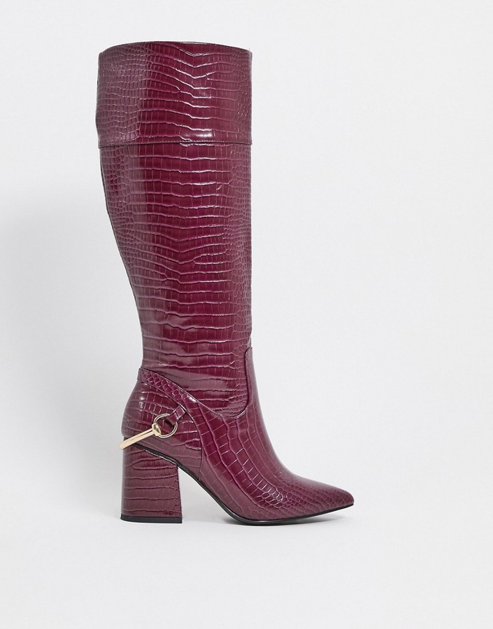 ASOS DESIGN Collins block heel knee boots in purple croc